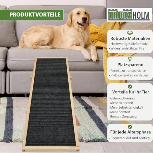 TRUTZHOLM Robuste Hunderampe aus Kiefernholz 104x35 cm höhenverstellbar 46/52/56 cm 35 kg Tragkraft weiche Lauffläche aus Filz Hundetreppe Hundeleiter Katzentreppe Haustierrampe Aufstiegshilfe