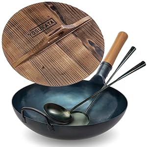 YOSUKATA Flat Bottom Wok Pan – 13.5″ Blue Carbon Steel Wok + Cast Iron Wok Cover – Wok Cover 13.5 inch Pan Lid + Blue Carbon Steel 17-inch Wok Spatula, Wok Ladle, 3 pairs of Chopstiks