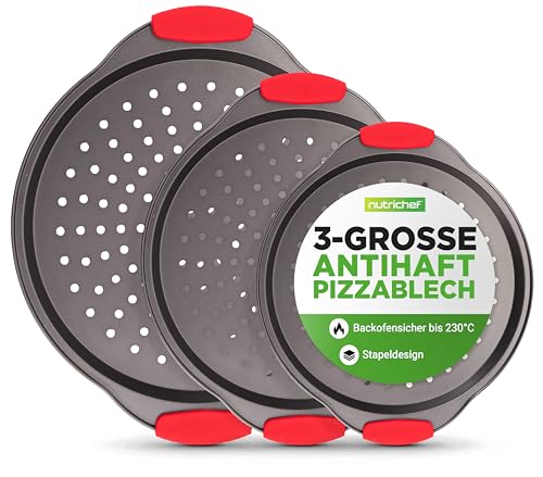 NutriChef Pizzablech 3er-Set Grau – Ø 35,6 cm, Antihaft, Gelocht, Carbonstahl Mit Griff & stapelbar | Für Pizza, Flammkuchen, Brot | Spülmaschinengeeignet & BPA-frei