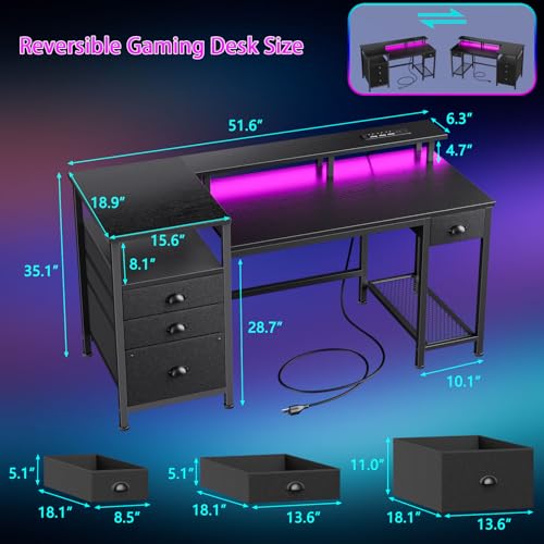 Image of Furologee 52 inch Gaming Desk with 4 Drawers & LED Lights, Power Outlet, Black