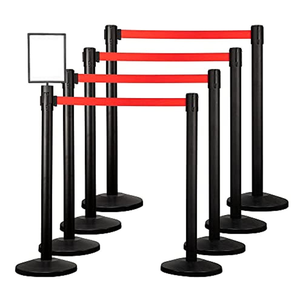 Qbuster Black Stanchions with Retractable Belts, Crowd Control Safety Barrier with 11’ Red Belts, 1 Sign Holder, Set of 8 Posts