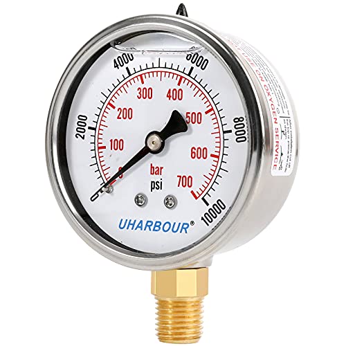 Image of UHARBOUR Glycerin Filled Pressure Gauge 10000psi /700bar, Stainless Steel case, Brass Inside Construction, 2-1 /2 inch dial, 1 /4 inch NPT Rear Connection.