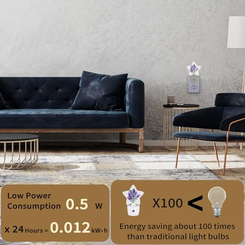 Image of Purple Lavender Flower Night Lights Plug in Wall Lamp Smart Dusk to Dawn Sensor for Home Decorative,Kids Room Bedroom Bathroom Kitchen Hallway Gifts
