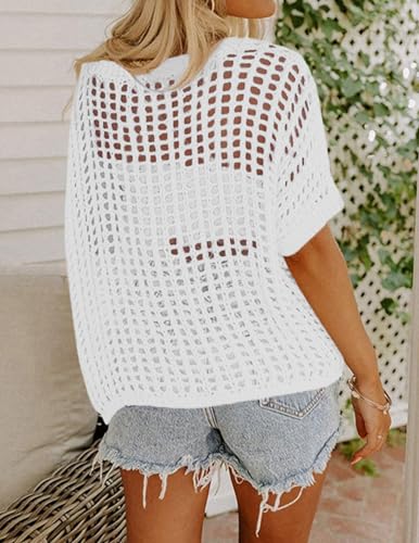 Zeagoo Short Sleeve Crochet Sweater Lightweight Summer Tops Loose Hollow Out Crewneck Pullover4