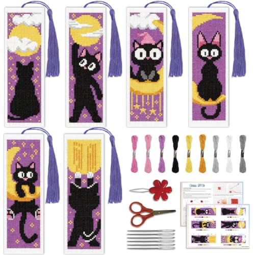 Image of ACRNIGHEET 6PCS Cross Stitch Bookmark Kit for Beginner Stamped Cross Stitch Kits for Adults Cute Cat & Moon DIY Tassel Embroidery Bookmark Kits Needlepoint Kit with Instructions Gift 8.5''x3'' 11CT