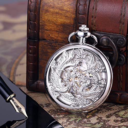 Image of ManChDa Antique Mechanical Pocket Watches for Men Lucky Dragon Phoenix Pocket Watch with Chain Skeleton Dial Roman Numerals Gifts for Fathers Day