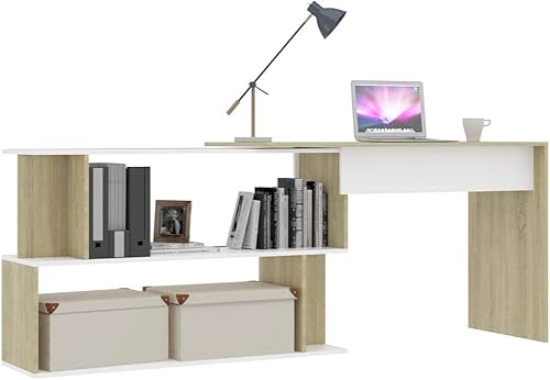 Miniatura 4 de Escritorio esquinero para computadora portátil, mesa giratoria para computadora con estantes de almacenamiento y estantería, moderna estación de