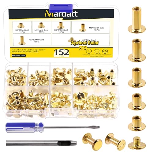 Mardatt 152Pcs 5 Sizes Chicago Screws with Punch and Screwdriver, M5 x 5/6/8/10/12MM Carbon Steel Chicago Rivets M5 Chicago Binding Screws Flat Head Leather Rivets for DIY Leather Repair(Gold)