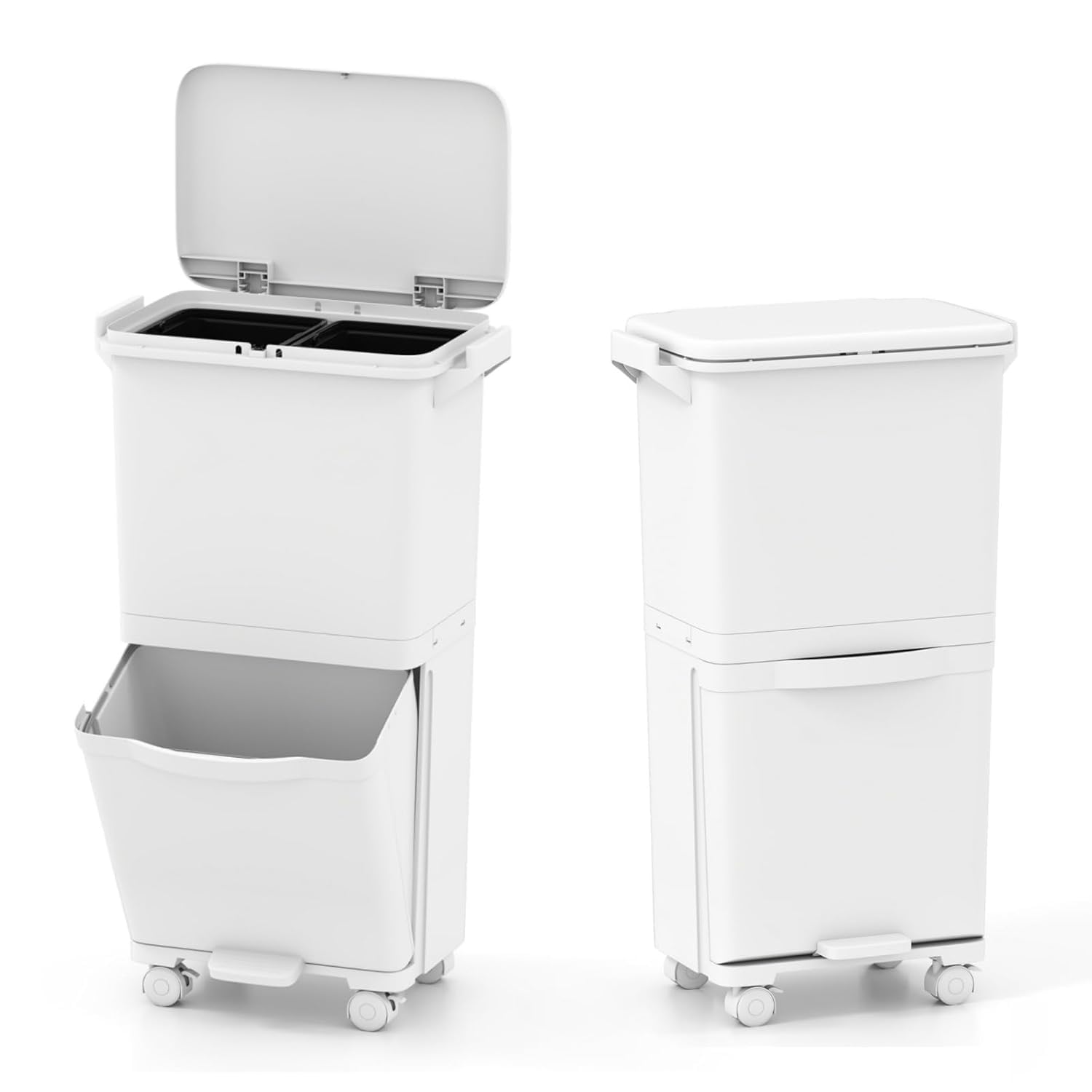 LIFEZEAL Cubo de Basura de Reciclaje 40L, Cubo de Basura Cocina de 3 Compartimentos con Balde Interior, Contenedores de Reciclaje de Pedal con inferior basculante, 42 x 28 x 73.5 cm