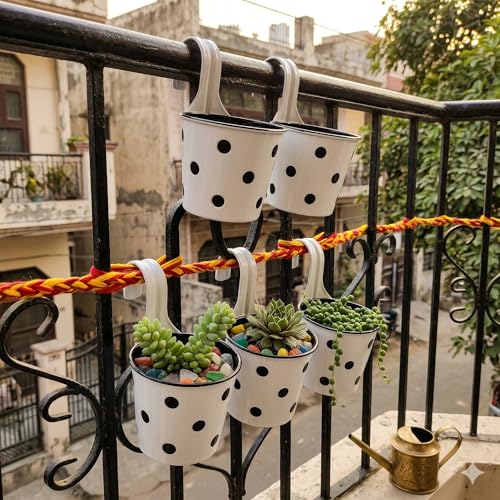 Image of Premium Hook Planter with Inner Pot | Polka Dot Hanging Planter for Balcony & Railings | Sturdy Plastic | Built-in Drainage | Vibrant Colours | Indoor & Outdoor Gardening (5, White)