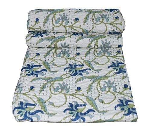 YUVANCRAFTS Indian Kantha Quilt Floral Screen Print White Gudri Blanket Bedspreads Throw