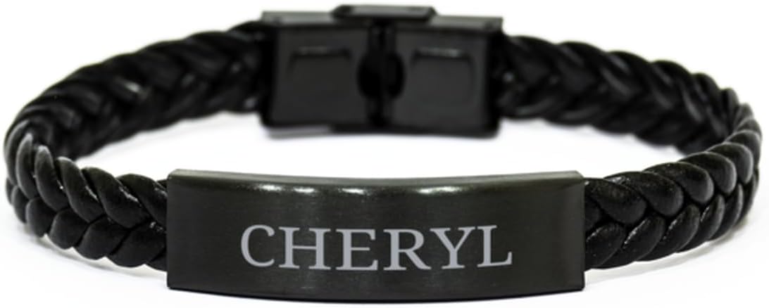 Gifts For Cheryl - Trendy Custom Name ID Plate Bracelet Braided Leather Bracelet Christmas Birthday Gifts For Daughter Sister Mom Wife Granddaughter Aunt Friends Girls Women, Engraved Adjustable
