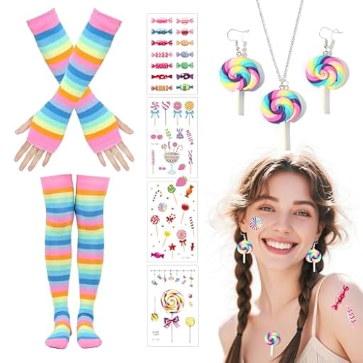 NebulaGlam Disfraz de piruleta para mujer, con pendientes, collar, mangas, calcetines y pegatinas, ideal para Halloween y carnaval | Ya disponible en tu tienda friki favorita! En mundofriki.es! NebulaGlam Disfraz de piruleta para mujer, con pendientes, collar, mangas, calcetines y pegatinas, ideal para Halloween y carnaval | Ya disponible en tu tienda friki favorita! En mundofriki.es!