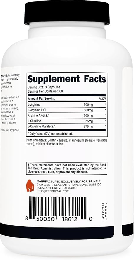 Primal Nitric Oxide Booster (2,250mg Per Serving) (180 Capsules) - 60 Servings - Image 5