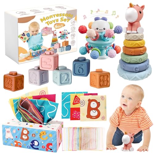 Image of Montessori Toys for 12 Months+, 4 in 1 Baby Toys for 12-36 Month Old | Soft Stacking Blocks, Baby Tissue Toy, Teething Toy, Fine Motor & Cognitive Skills, Montessori Toys for Babies 12-18 Months