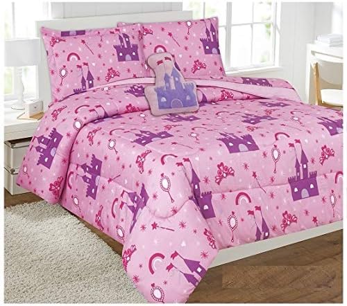 8 Piece Full Size Girls Comforter Set Bed in Bag w/Shams, Sheet Set & Decorative Toy Pillow, Princess Palace Print Purple Pink Girls Kids Comforter Bedding Set w/Sheets, Full 8pc Princess Palace