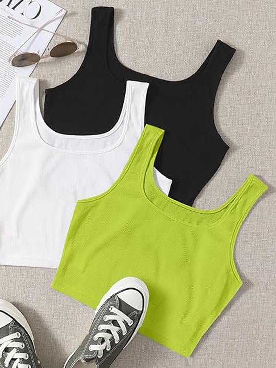 Image of Toochki Women's Knitted Sleeveless Solid Sqaure Neck Ribbed Tank & Crop Tops (Pack of 3)