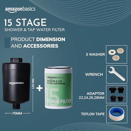 Image of Amazon Basics 15 Stage Shower /Tap Filter & Water Softener for Home (Black) | Reduces Hair Fall, Skin Dryness & Limescale| Hard Water Filter for Tap, Shower, Handshower| for Municipal /Chlorine Water