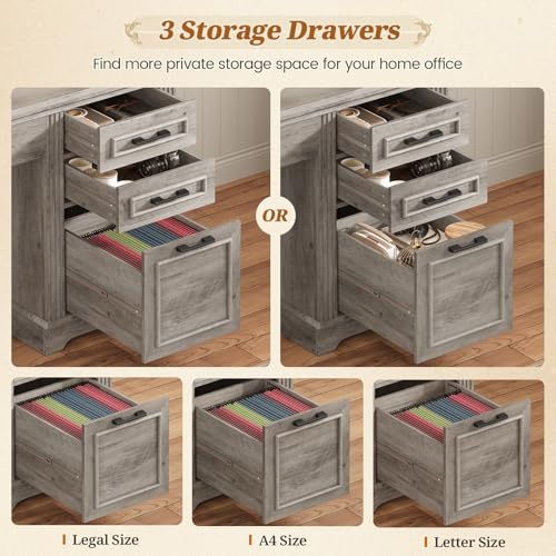 Image of SEDETA Office Desk with 3 Drawers, 47.2 inch Executive Computer Desk with Storage Drawers and Hutch Cabinet, Wood Farmhouse Desk with Power Outlet for Home Office, Grey