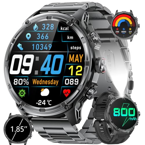 HIRREO Smart Watch for Men, 1.85" Extra Large Smartwatch with Flashlight, 800mAh Long Battery, 100+ Sports Fitness Tracker Watch, Bluetooth Caling/Sleep Monitor Smart Watch for Android iOS
