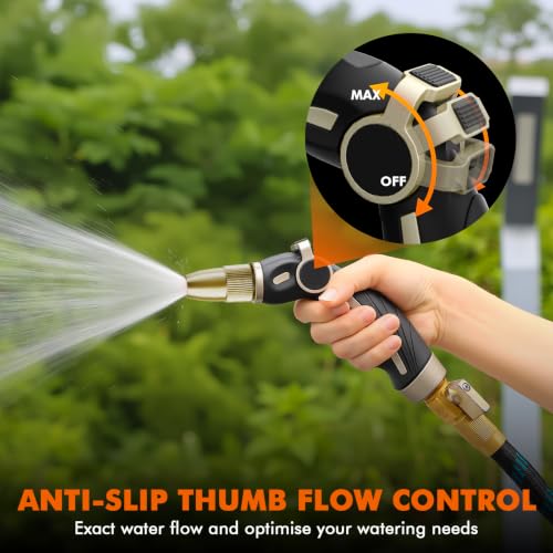Image of RESTMO Garden Hose Nozzle, Heavy Duty Water Hose Sprayer Nozzle, Black | Brass Head, Thumb Control, Adjustable 4 Spray Patterns, Leak-proof, Metal Hose Nozzle for Outdoor Lawn & Plant & Car