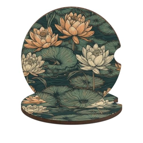 Portavasos para auto de madera estampado Water Lily Lines 2.6" 2 pzas miniatura 1