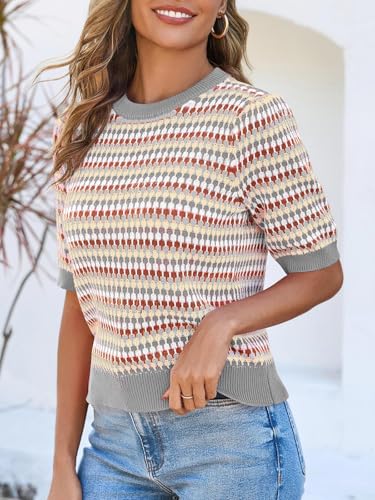 Saodimallsu Womens Short Sleeve Striped Sweater Tops Summer Color Block Crew Neck Cute Colorful Going Out Shirts3