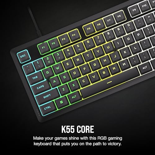 Image of Corsair K55 CORE RGB Membrane Wired Gaming Keyboard - Quiet, Responsive Switches - Spill Resistance - Ten-Zone RGB - Media Keys - iCUE Compatible - QWERTY NA - PC, Mac - Gray