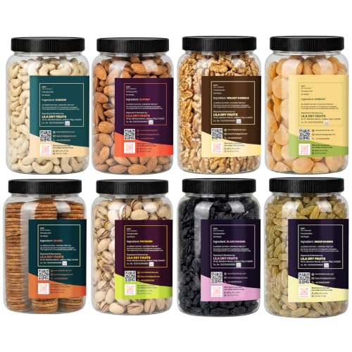 Image of LILA DRY FRUITS Dry Fruits Combo Pack Almonds, Cashews, Walnuts, Pistachios, Anjeer, Apricots, Green Raisins & Black Raisins 100 Gms x 8 Perfect for Gifting