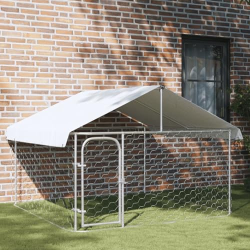 IKAYAA Recinto per Cani da Esterno con Tetto Box per Cani Kennel per Cani da Esterno Gabbia Cani in Acciaio Zincato-200 x 200 x 150 cm
