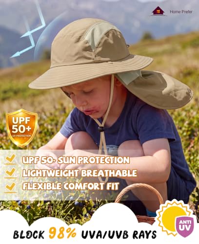 Image of Home Prefer UPF 50+ Boys Sun Hat with Neck Flap Wide Brim Summer Beach Bucket Hat for Boys Girls Toddler Kids Safari Hat