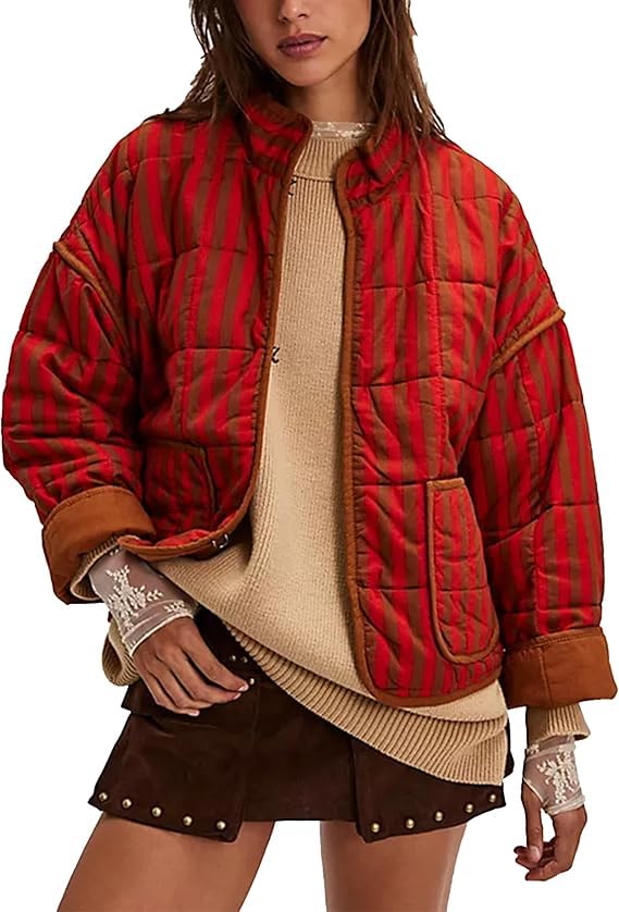 VAOYIU Women's Loose Retro Striped Quilted Jacket Stand Collar Cropped Puffer Outerwear Vintage Coat with Contrast Trim(RedBrown-M)