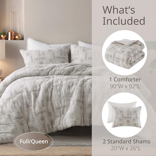 Image of INK+IVY Queen Comforter Set Jacquard Weave Cotton Comforters Queen Bedding Set, All Season Lightweight & Breathable Cotton Queen Size Comforters, Cairo, Full /Queen, Ivory 3 Piece, II10-1330