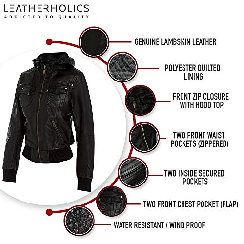 Women's Genuine Leather Bomber Biker Jacket With Hood4