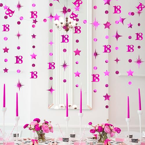 Image of Hot Pink 18th Birthday Decorations Number 18 Circle Dot Twinkle Star Garland Metallic Streamer Banner Backdrop for Girls Happy 18th Birthday Time to Adult Cheers to 18 Years Old Anniversary Party