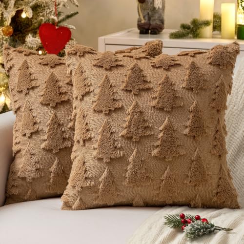 Image of MIULEE Christmas Throw Pillow Covers Brown Christmas Decorations Set of 2 Xmas Tree 18x18 Pillow Covers Soft Plush Faux Wool Pillowcases Holiday Festivals Winter Home Decor Sofa Couch Bed Porch