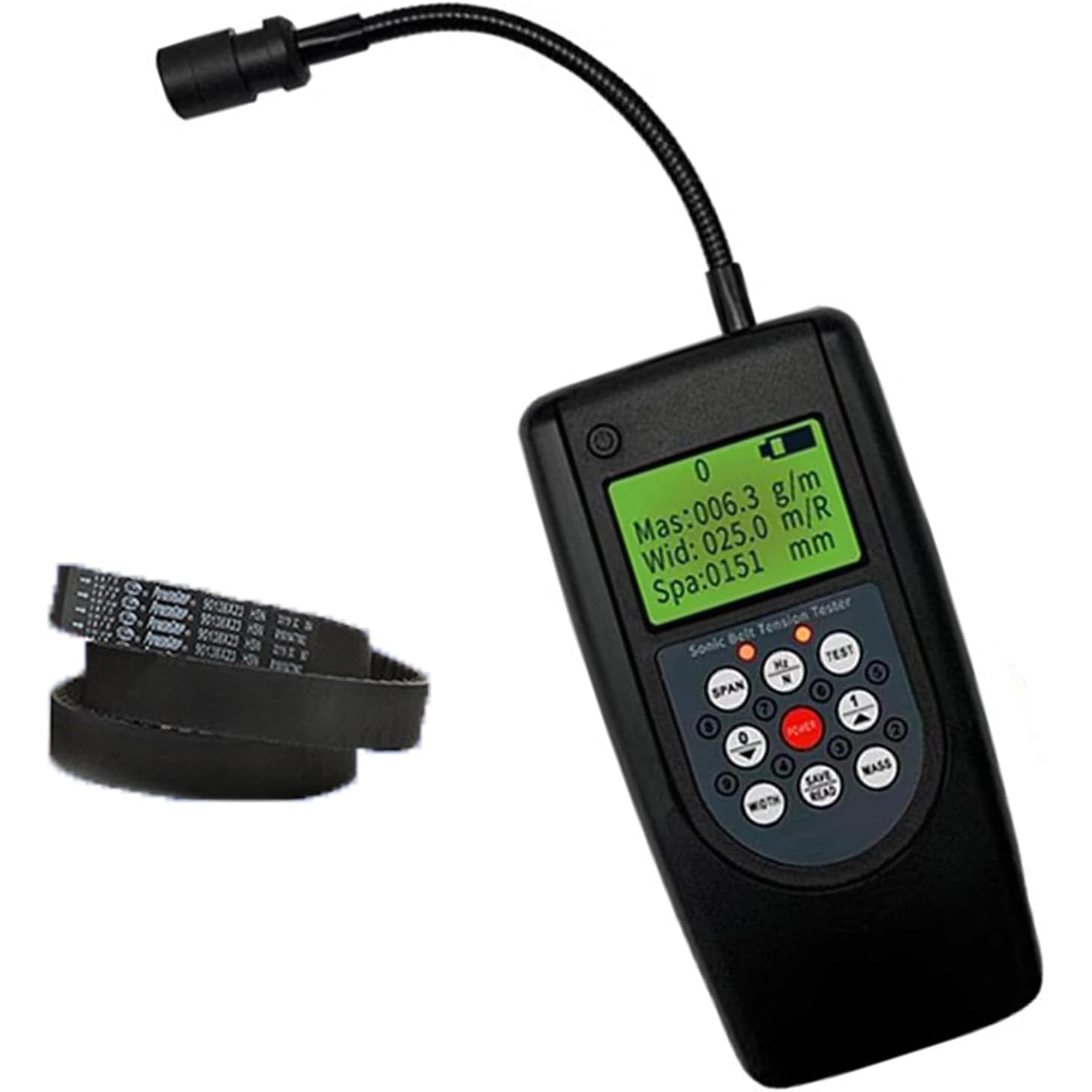 Medidor de tensión de correa, tensiómetro acústico con sonda de alta sensibilidad, rango de frecuencia 10 Hz-680 Hz, almacenamiento de 20 conjuntos de datos, ideal para correas en V multiacanaladas