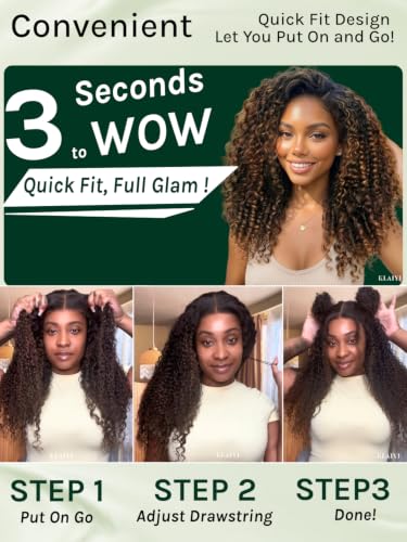 Image of KLAIYI Ombre Brown Burmese Curly Pre Cut 7x5 Lace Front Wigs Human Hair 18 inch | Bye Bye Slip Glueless Drawstring Wig Finger Coil End Black to Chestnut Brown Pre Plucked Bleached Knots Ready to Wear Go Wig