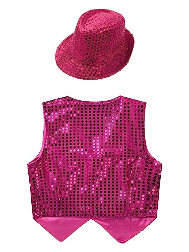 Kids Boys Glittery Sequined Jazz Street Dance Shirt Coat Sleeveless Vests Jacket Waistcoat with Hat4