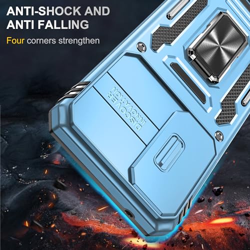 Image of Polycarbonate Slide Camera Cover with Ring Holder Mobile Phone Back Cover for Samsung Galaxy A55 5G (Blue)