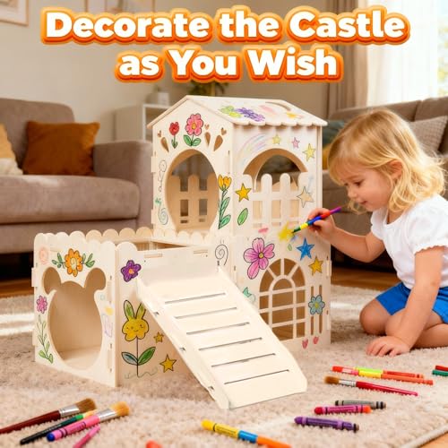 Large Rabbit House, Wooden Bunny Castle with 3 Houses Indoor, Rabbit Guinea Pig Cage Multistory Climbing Tower Sturdy Wooden Castle, Small Animal Hideaway Tunnel - Image 5