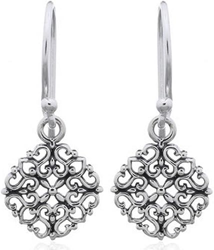 Aretes de gota y aro de encaje de filigrana bohemios, plata de ley 925 hipoalergénica, Plata de ley, No es una piedra preciosa