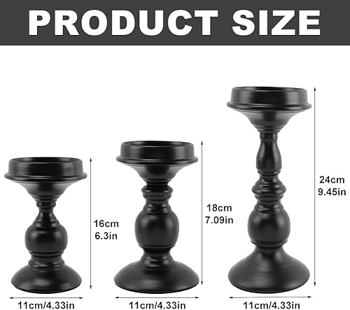 Miniatura 2 de Juego de 3 portavelas de pilar elegante, decoración romántica de centro de mesa para familia, sala de estar, boda (negro)