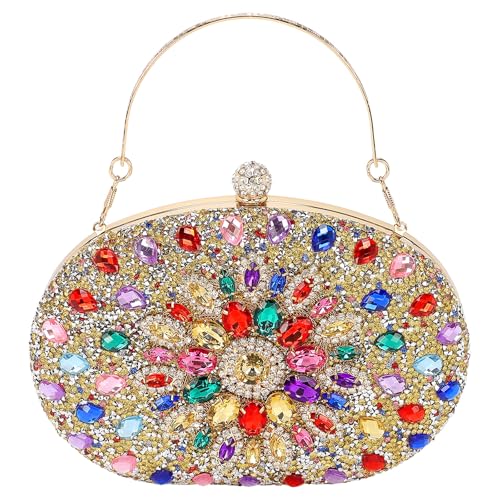 uxcell Evening Bags for Women, Sparkly Crystal Rhinestone Clutch Purse with Chain Strap Shoulder Bag Handbag for Wedding Party Evening Weekend, Colorful-Gold