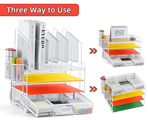 Image of Marbrasse Desk Organizers, 4-Tier Mesh Desk File Organizer with 5 Vertical File Holders and 2 Pen Holders, Multifunction Desktop Organizer,Desk Organizers and Accessories for Home Office (White)