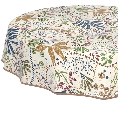 Nappe en Toile cirée Lavable, Facile d'entretien, imperméable, Effet Lotus, Nappe de Jardin, Ethnique, Ronde, 140 cm, avec Ourlet (bordée)