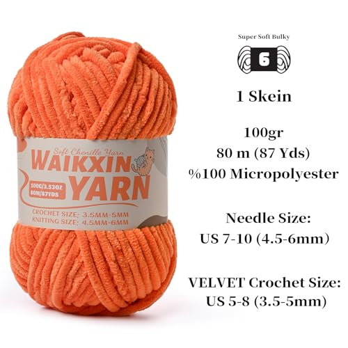 Image of (2 Orange) 2 Pack Super Soft Fuzzy Chenille Chunky Yarn for Crocheting, 200g (175yds) Fluffy Velvet Yarn for Hand Knitting Baby Blankets Weaving Craft