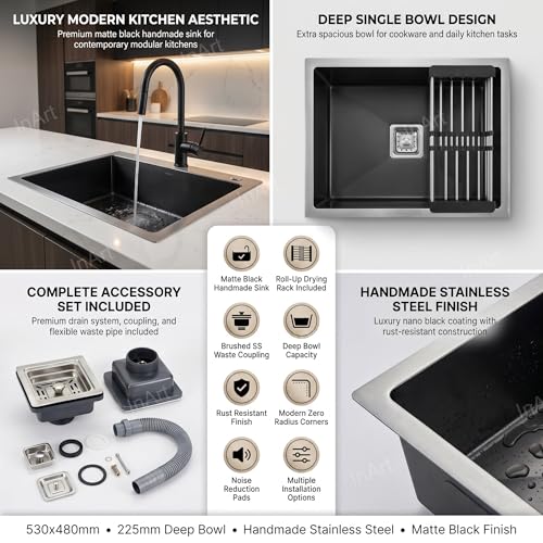 Image of InArt 304 Grade Stainless Steel Single Black Bowl Handmade Kitchen Sink 2mm Thickness High Grade Stainless Steel with Coupling and Fruit Basket (21 inch X 18 inch X 9 inch Inches)