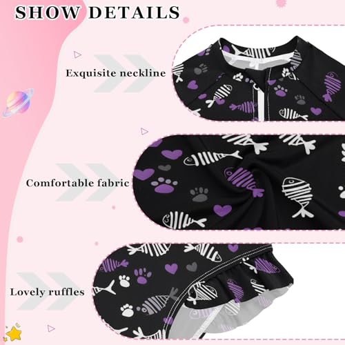 White Purple Fish Bone Pattern Girls Long Sleeve Swimsuit Rash Guard One Piece Bathing Suits Zipper 3-12T4