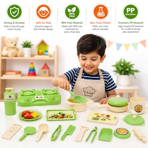 Image of Chanak Kitchen Fresh Cook Set Bag for Kids, Pretend Play Cooking Toy with Mini Utensils & Gas Stove, Cylinder, Frying pan, Serving Tray, Kitchen Role Play Toy Set for Kids Age 3+ (Green)